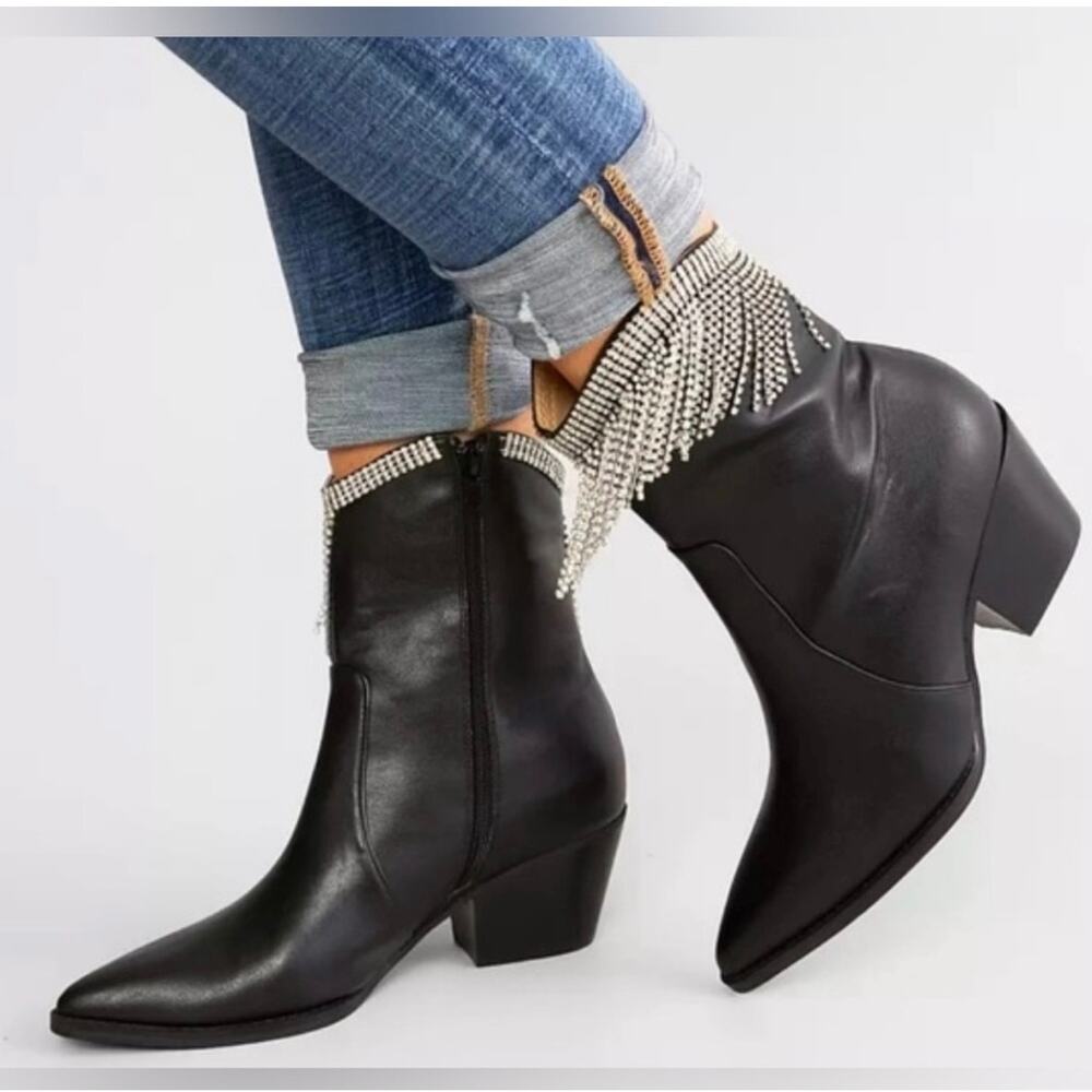 OASIS SOCIETY Black Silver Nash Rhinestone Fringe Ankle Western Diva Boots sz 10 - Picture 8 of 12